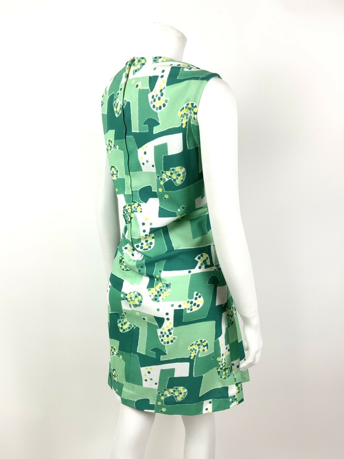 VINTAGE 60s 70s GREEN LIME MINT WHITE GEOMETRIC DOTTY MOD SHIFT DRESS 14 16