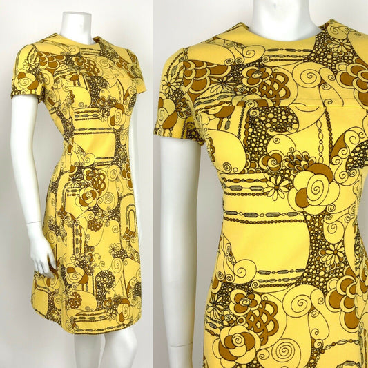 VTG 60s 70s PASTEL YELLOW BLACK BROWN ABSTRACT FLORAL SWIRL A-LINE DRESS 10 12