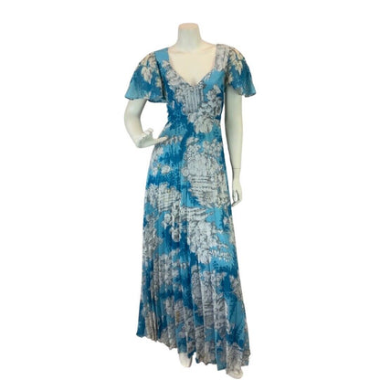 VINTAGE 60s 70s BLUE WHITE FLORAL PLEATED BOHO FOLK PRAIRIE MAXI DRESS 10