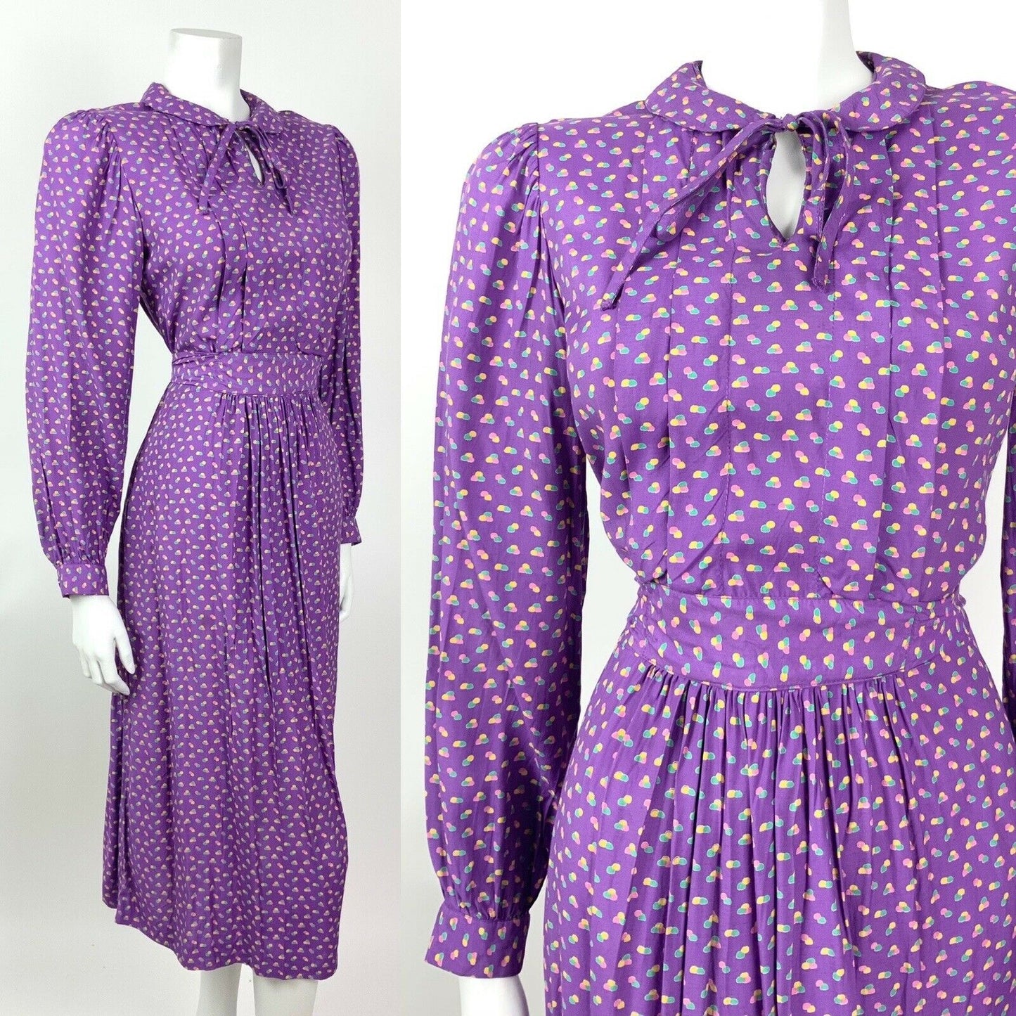 VINTAGE 60s 70s PURPLE GREEN PINK DOTTY DITSY PETER PAN BOW MIDI DRESS 8 10