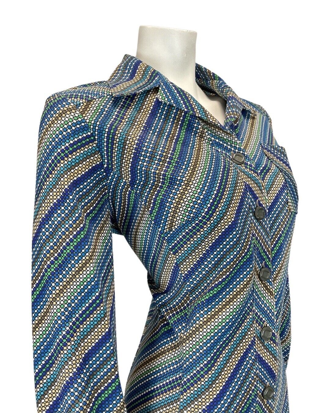 VINTAGE 60s 70s BLUE GREEN YELLOW STRIPED DOTTY MOD SHIRT DRESS 14