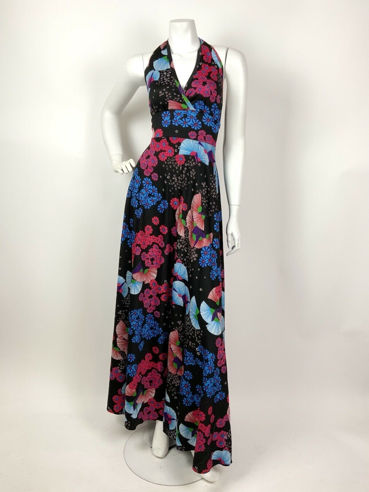 VINTAGE 60s 70s BLACK BLUE PINK JAPANESE FLORAL HALTER SUMMER MAXI DRESS 8 10