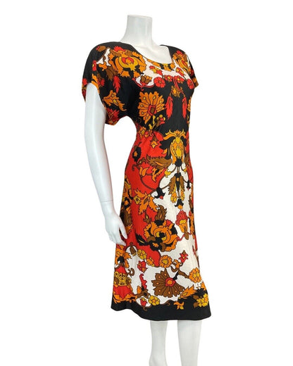 VINTAGE 60s 70s BLACK RED WHITE PSYCHEDELIC FLORAL MOD KNEE-LENGTH DRESS 14