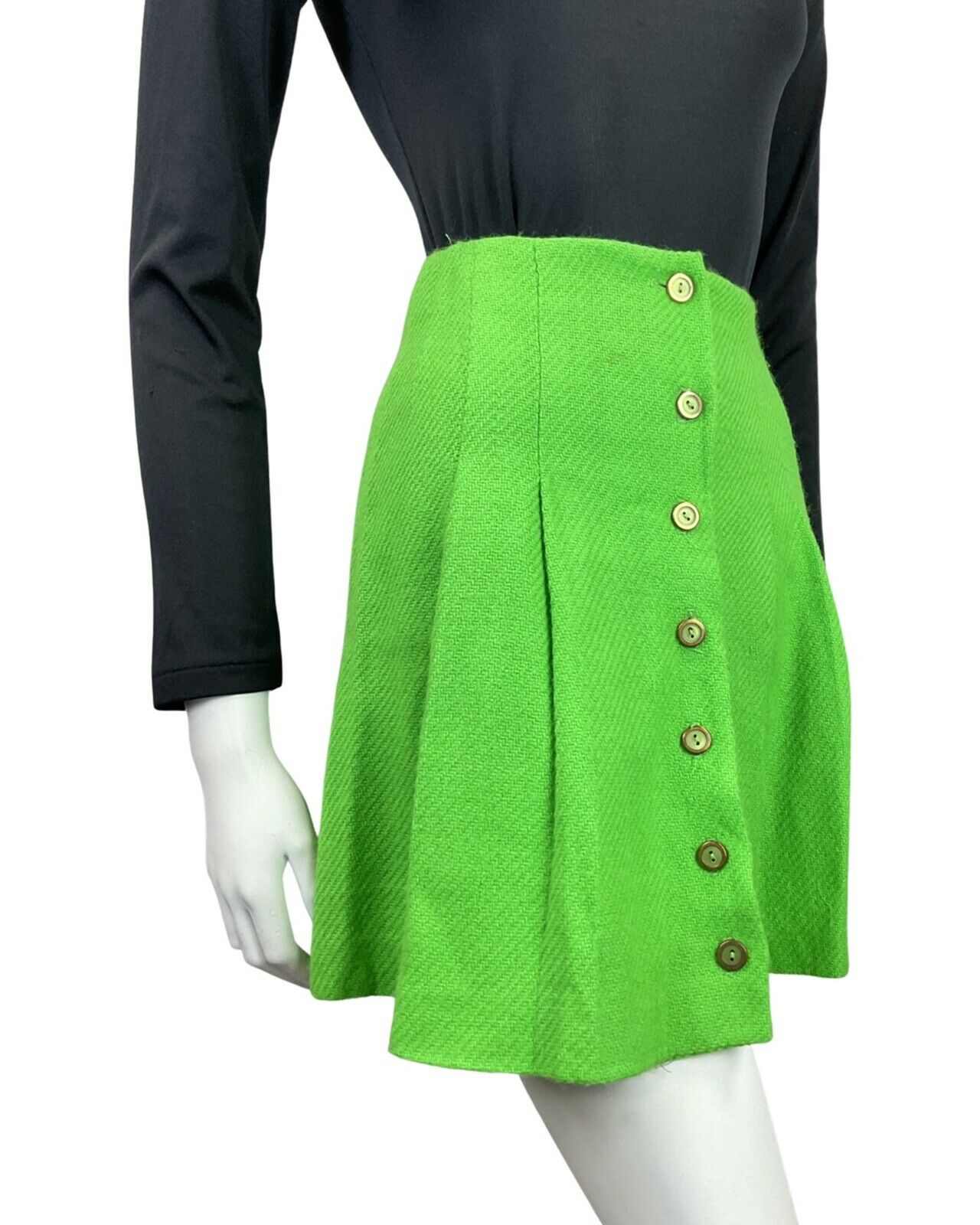 VINTAGE 60s 70s BRIGHT GREEN BRASS MOD PLEATED SHORT MINI SKIRT 4