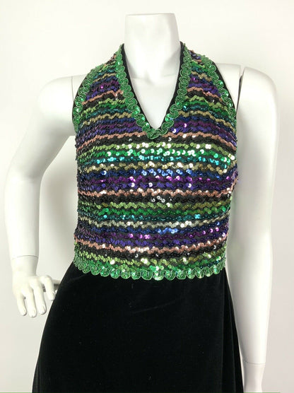 VTG 60s 70s BLACK VELVET GREEN PURPLE GOLD SEQUIN DISCO HALTER MAXI DRESS 10 12