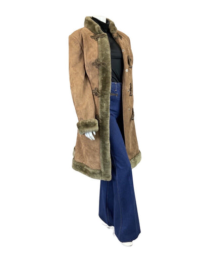 VINTAGE 60s 70s LIGHT BROWN SUEDE BROCADE DR ZHIVAGO SHEARLING LONG COAT 14 16