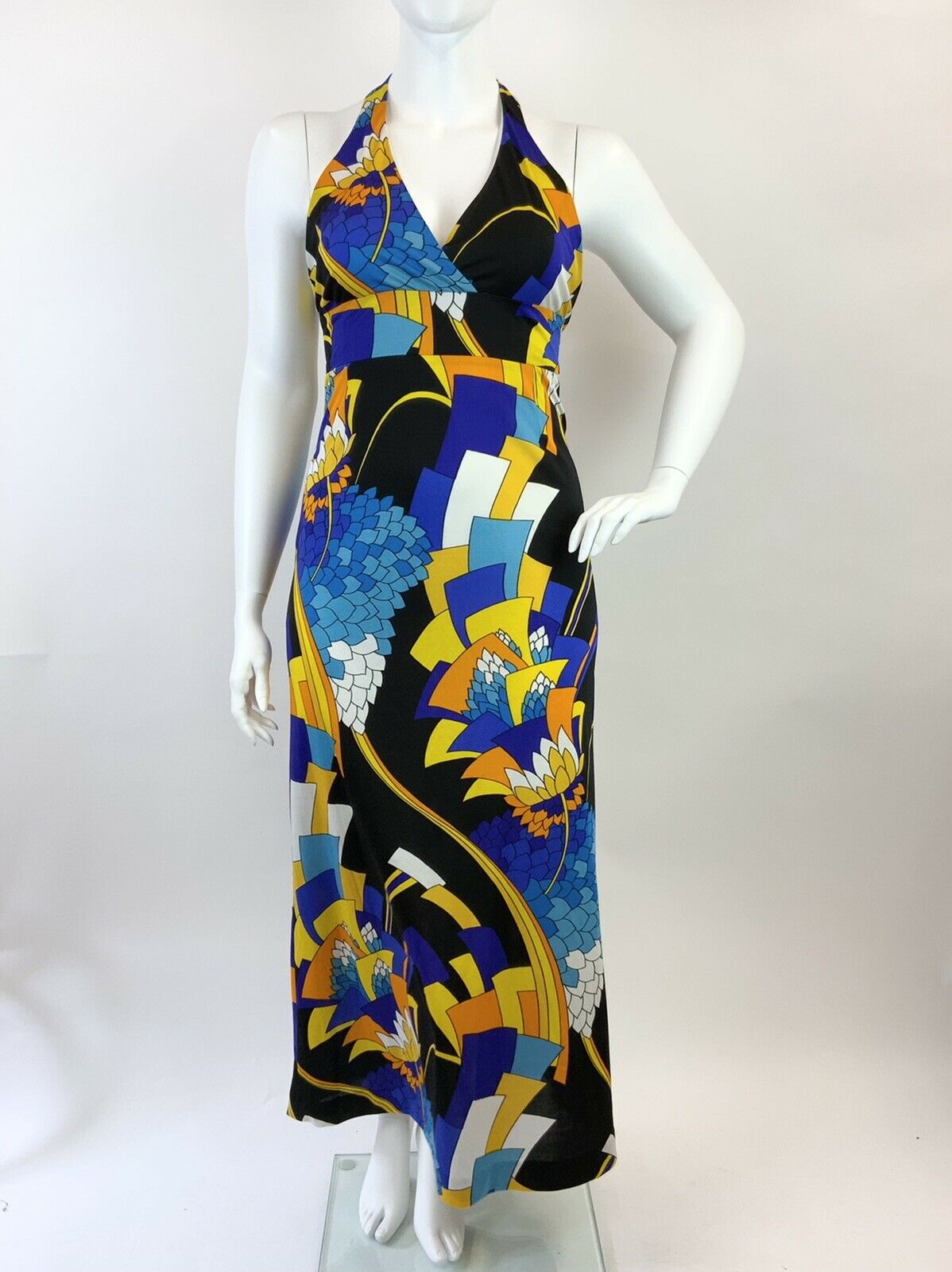 VINTAGE 60s 70s BLUE YELLOW BLACK GEOMETRIC FLORAL HALTER MAXI DRESS 14 16