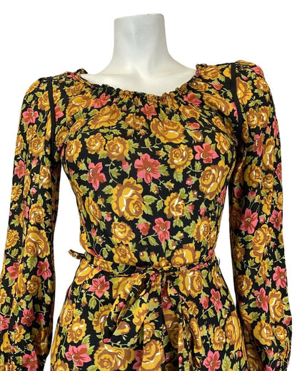 VINTAGE 60s 70s GOLD BLACK PINK FLORAL ROSE BOHO PRAIRIE LONGSLEEVE MIDI DRESS 6