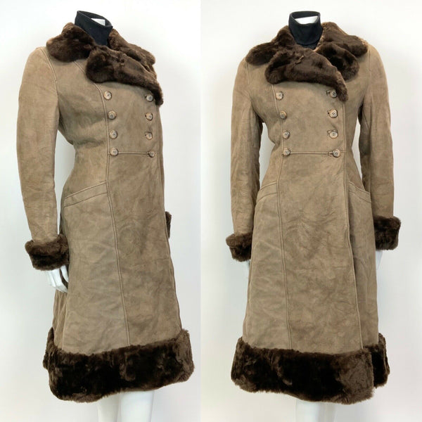VINTAGE 60s 70s PEANUT BROWN SUEDE SHEARLING DOUBLE-BREASTED PRINCESS COAT 10 12