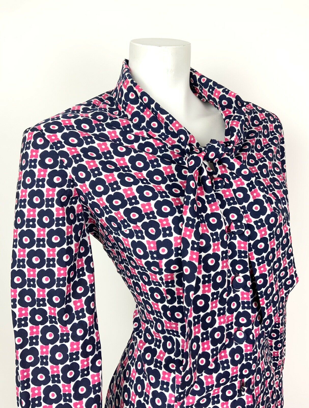 VTG 60s 70s WHITE BLUE PINK MOD FLOWER DAISY BOW SHIRT BOW TIE NECK DRESS 12 14