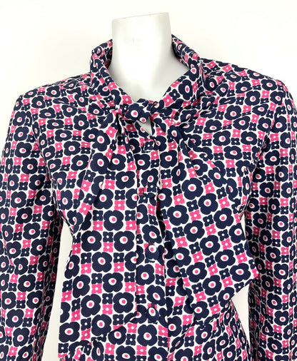 VTG 60s 70s WHITE BLUE PINK MOD FLOWER DAISY BOW SHIRT BOW TIE NECK DRESS 12 14