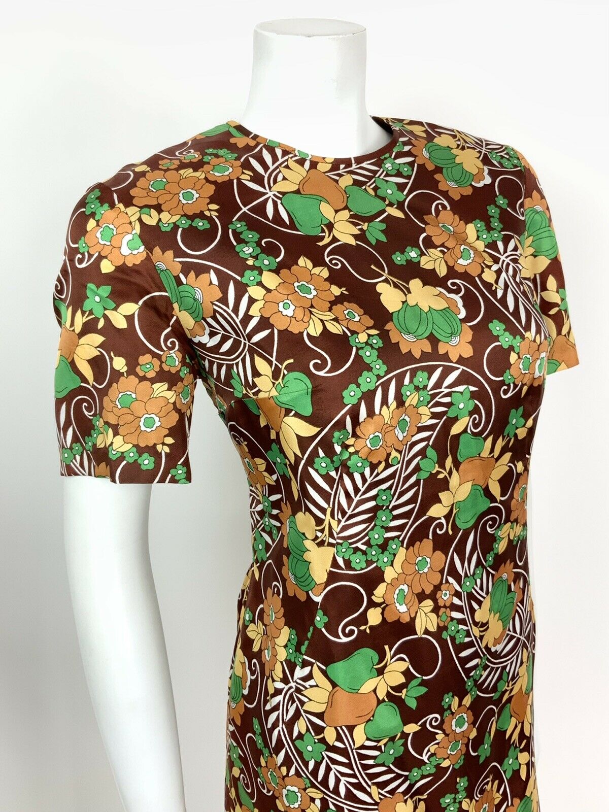 VINTAGE 60s 70s BROWN GREEN WHITE CREAM PAISLEY LEAF FLORAL SHIFT DRESS 12 14