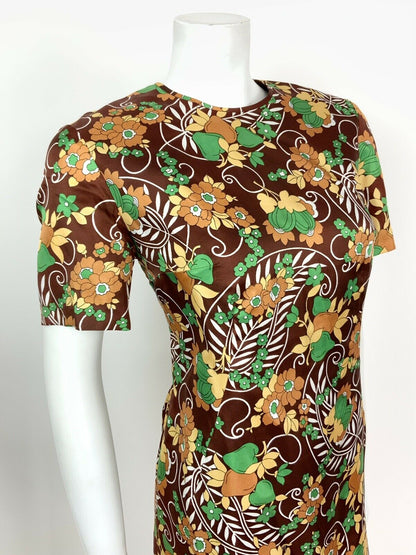 VINTAGE 60s 70s BROWN GREEN WHITE CREAM PAISLEY LEAF FLORAL SHIFT DRESS 12 14