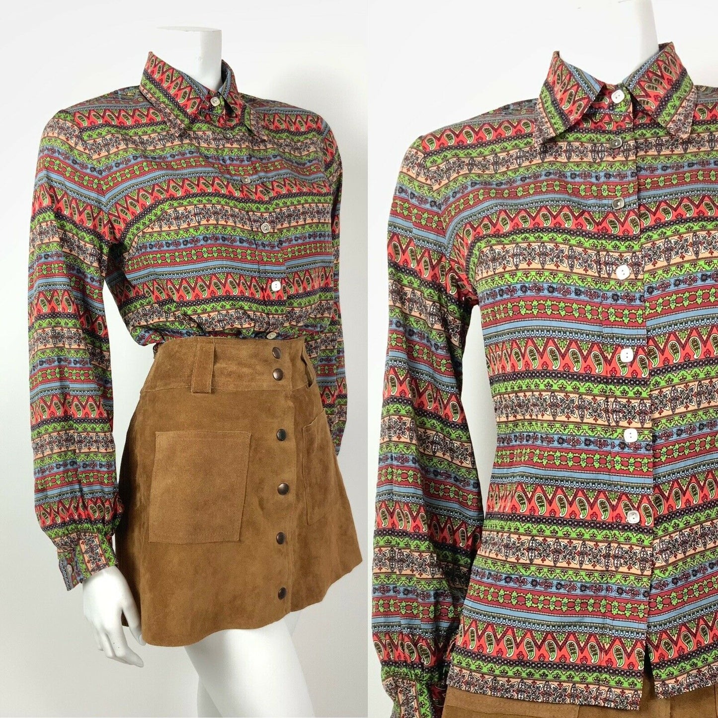 VINTAGE 60s 70s MULTI-COLOURED PAISLEY FLORAL AZTEC DAGGER COLLAR SHIRT 10 12 14