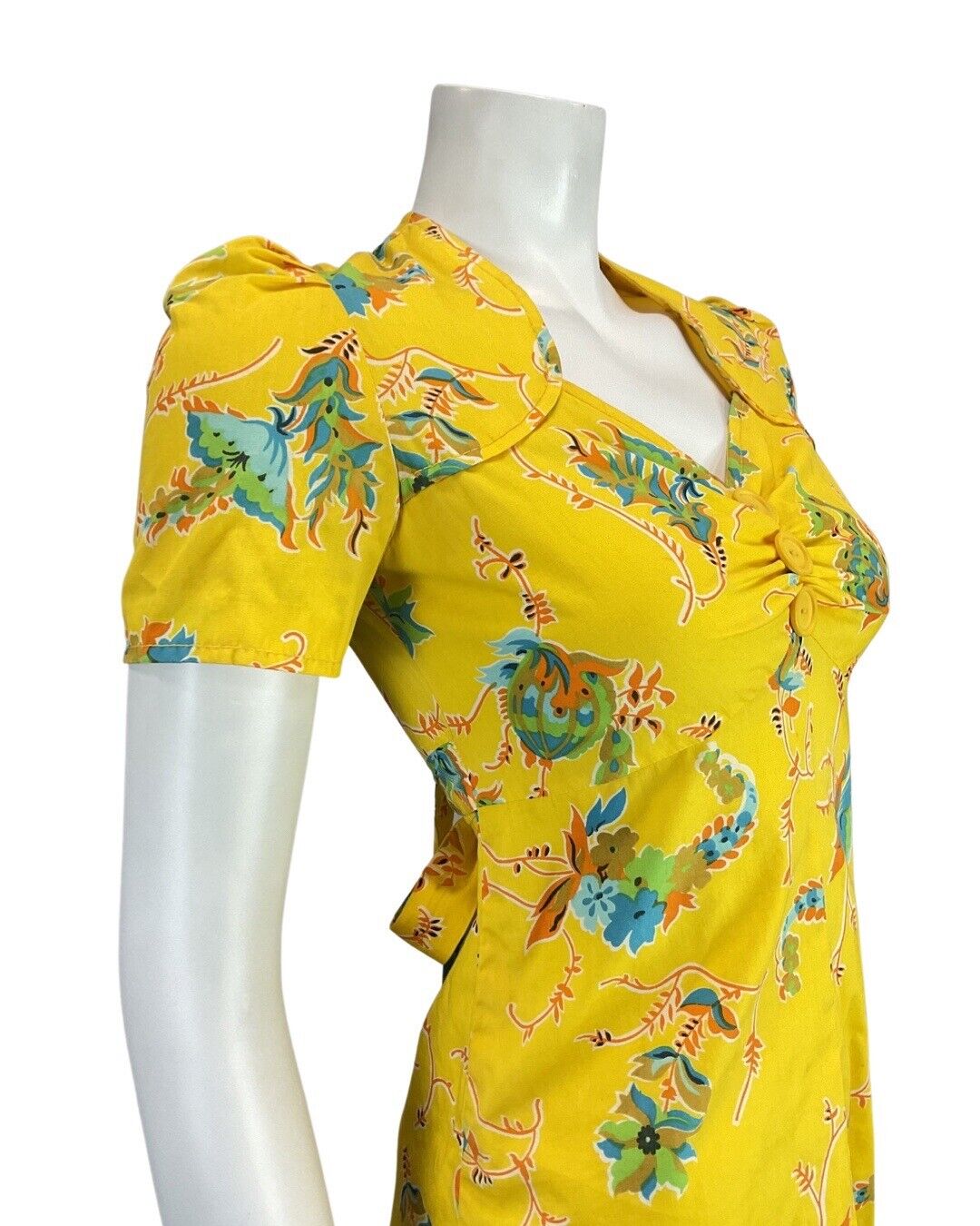 VINTAGE 60s YELLOW BLUE ORANGE FLORAL VINE MOD SUMMER MINI DRESS 8