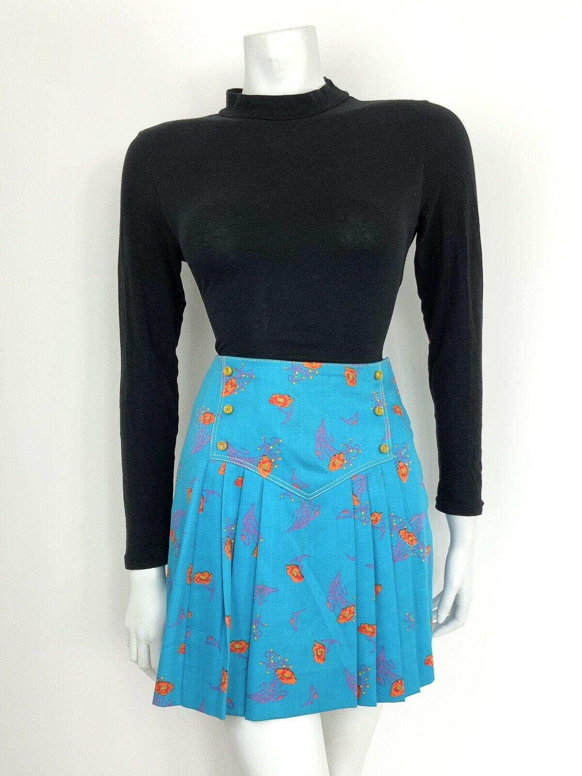 VTG 60s 70s BETTY BARCLAY BLUE ORANGE PURPLE FLORAL PLEATED MINI SKIRT 4