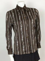 70s VTG BROWN DAGGER COLLAR ROPE CHAIN PRINT SHIRT BLOUSE 10 12