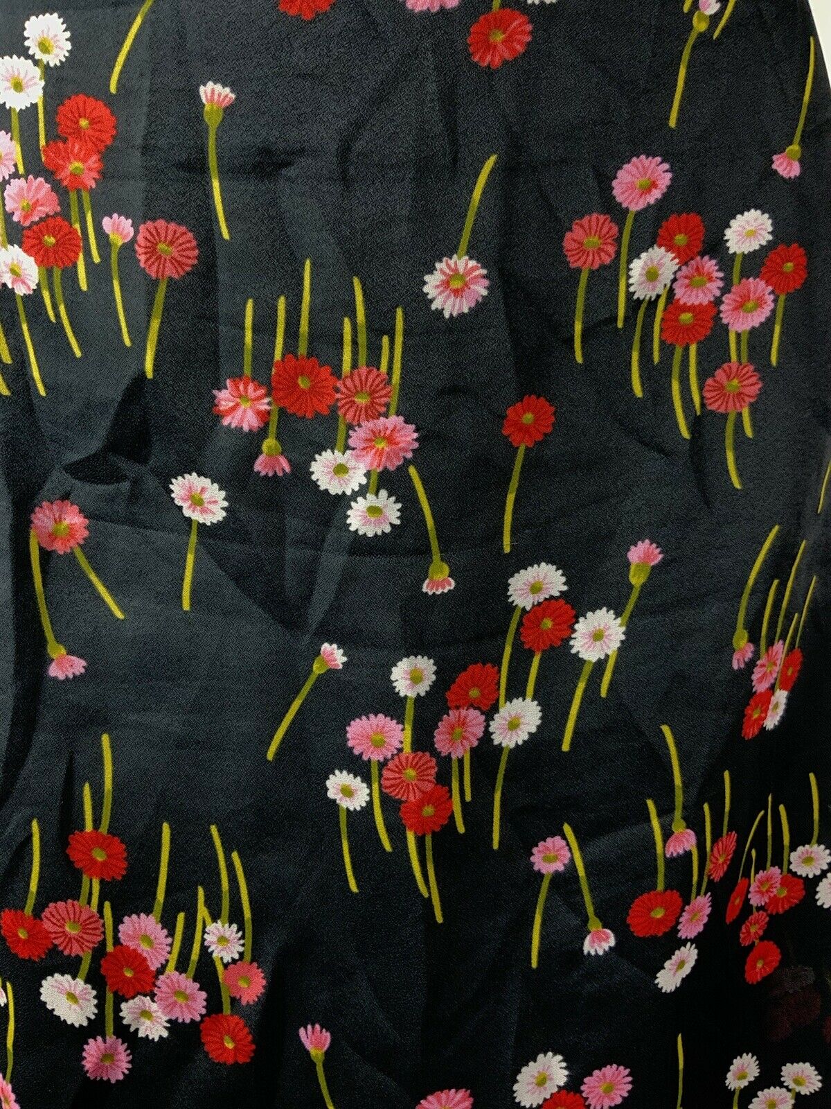 VINTAGE 60s 70s BLACK PINK RED FLORAL GERBERA PUFF SLEEVE SHEER MIDI DRESS 14 16