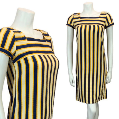 VINTAGE 60s 70s NAVY BLUE YELLOW CREAM STRIPED MINI DRESS 8