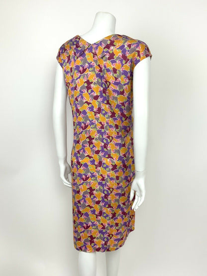 VTG 60s PINK PURPLE RED SILVER YELLOW ABSTRACT FLORAL SHIFT DRESS 14 16 18