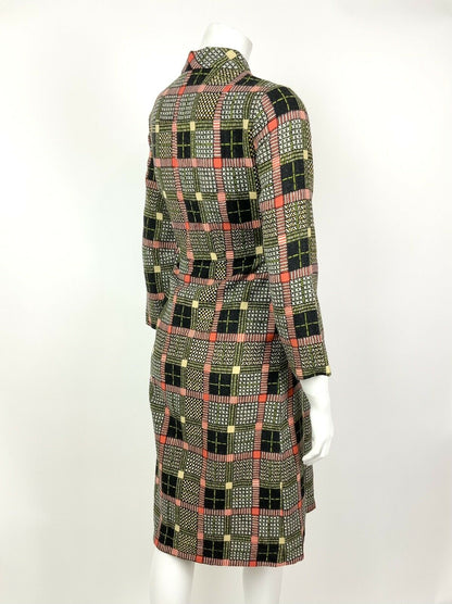 VINTAGE 60s 70s BLACK WHITE RED GREEN GEOMETRIC CHECKED MANDARIN DRESS 12 14