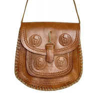 VINTAGE 60s 70s TAN BROWN LEATHER STAMPED TAURUS BULL LAUREL LEAF BOHO MOD BAG