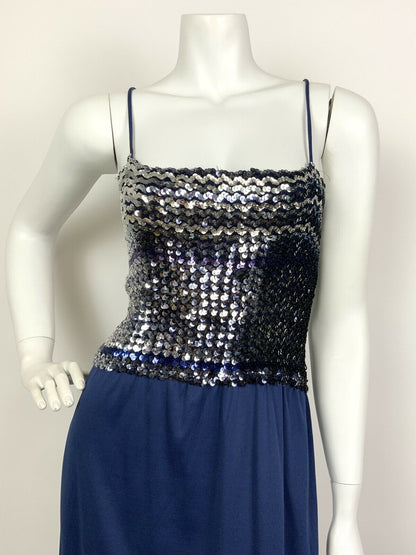 VINTAGE 60s 70s NAVY BLUE SILVER PURPLE SEQUINNED STRAPPY DISCO MAXI DRESS 12 14