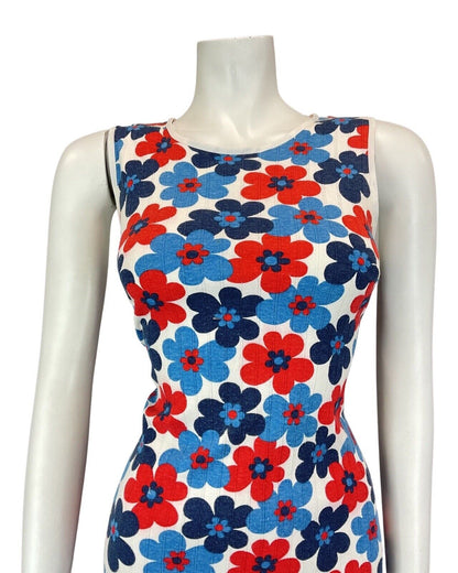 VINTAGE 60s 70s BLUE RED WHITE DAISY FLOWER POWER MOD SLEEVELESS SHORT DRESS 10