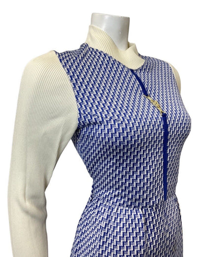 VINTAGE 70s BLUE WHITE GEOMETRIC ZIG-ZAG KNITTED LONG-SLEEVE MIDI DRESS 8 10