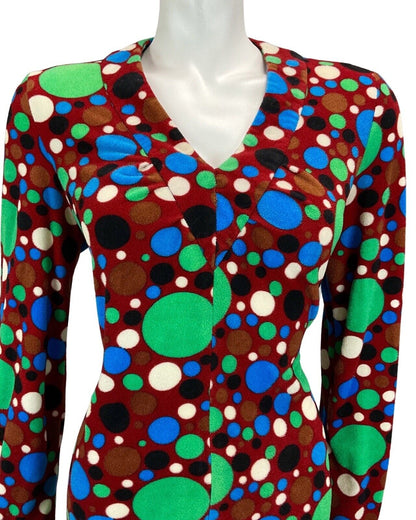 VTG 60S 70S BURGUNDY GREEN BLUE BLACK SPOTTY PSYCHEDELIC PRINT MIDI DRESS 12 14