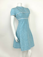 VTG 60s 70s BABY BLUE WHITE COTTON LINEN BLANKET STITCH PRINCESS LINE DRESS 10