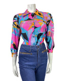 VINTAGE 70s 80s PINK BLUE BLACK PSYCHEDELIC GEOMETRIC FLOATY BLOUSE SHIRT 8 10