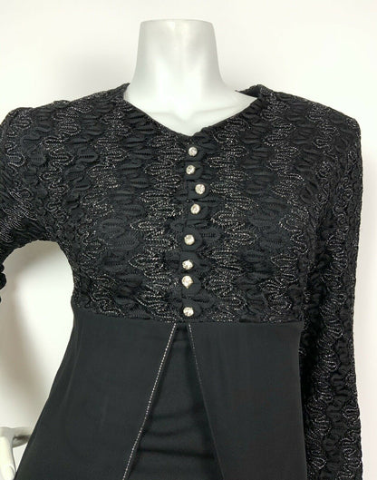 VINTAGE 60s 70s BLACK SILVER WAVY LACE DIAMANTE SHEER SPLIT MAXI DRESS 8 10