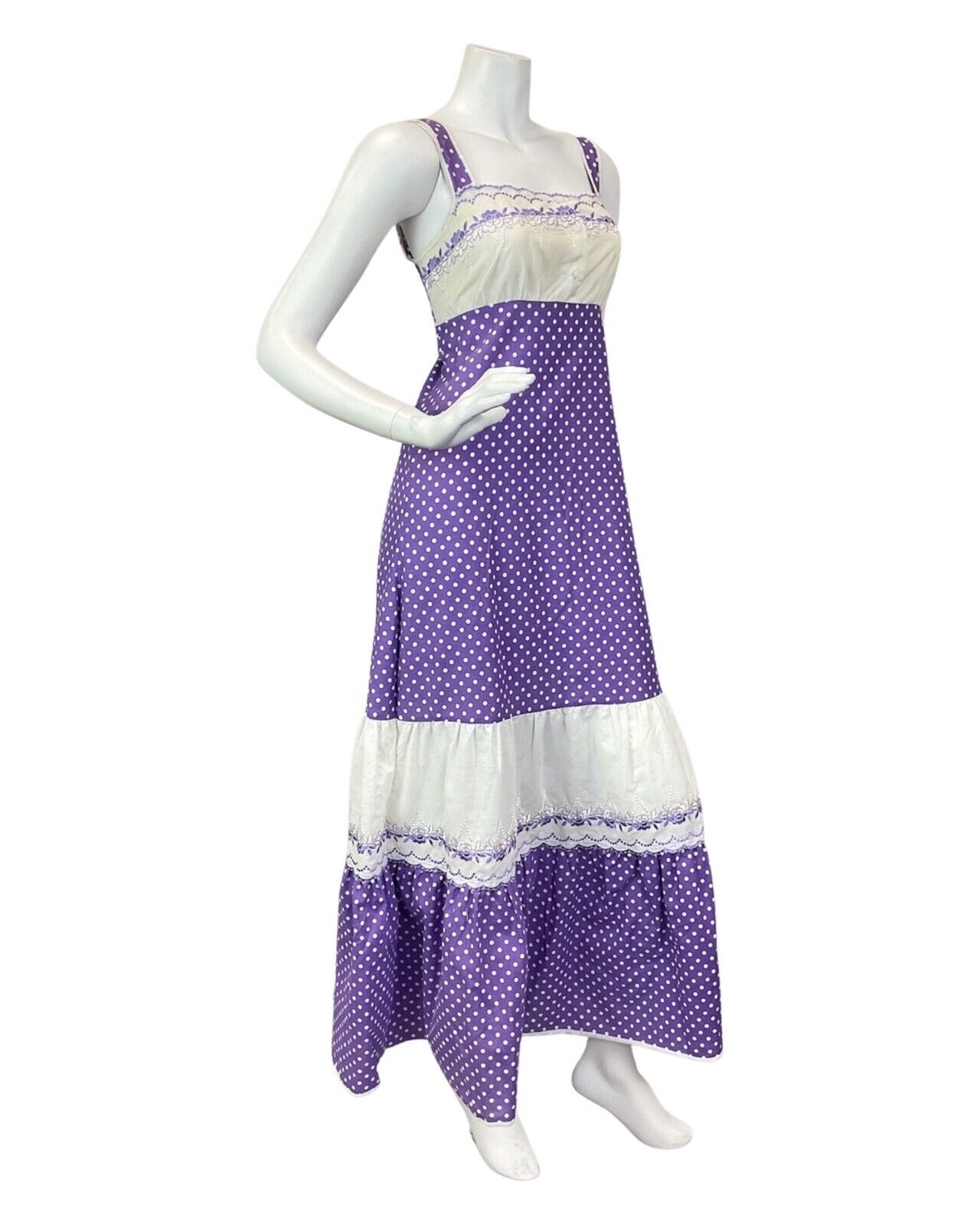 VINTAGE 60s 70s PURPLE CREAM POLKA-DOT EMBROIDERED FLORAL BOHO MAXI DRESS 8