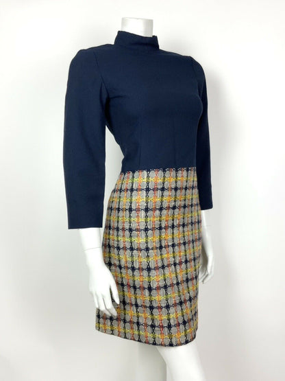 VINTAGE 60s 70s BLUE WHITE YELLOW RED CHECKED CIRCLE GEOMETRIC SHIFT DRESS 8