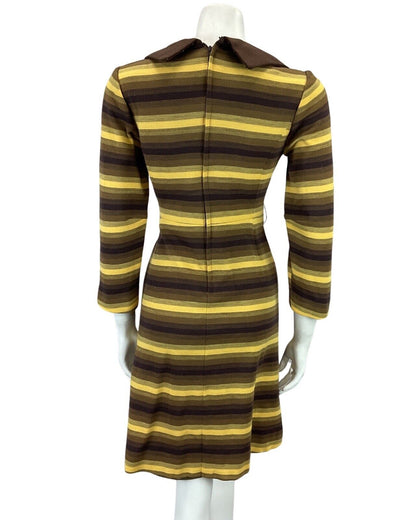 VINTAGE 60s 70s BROWN YELLOW STRIPED MOD BOHO DAGGAR COLLAR MIDI DRESS 10 12