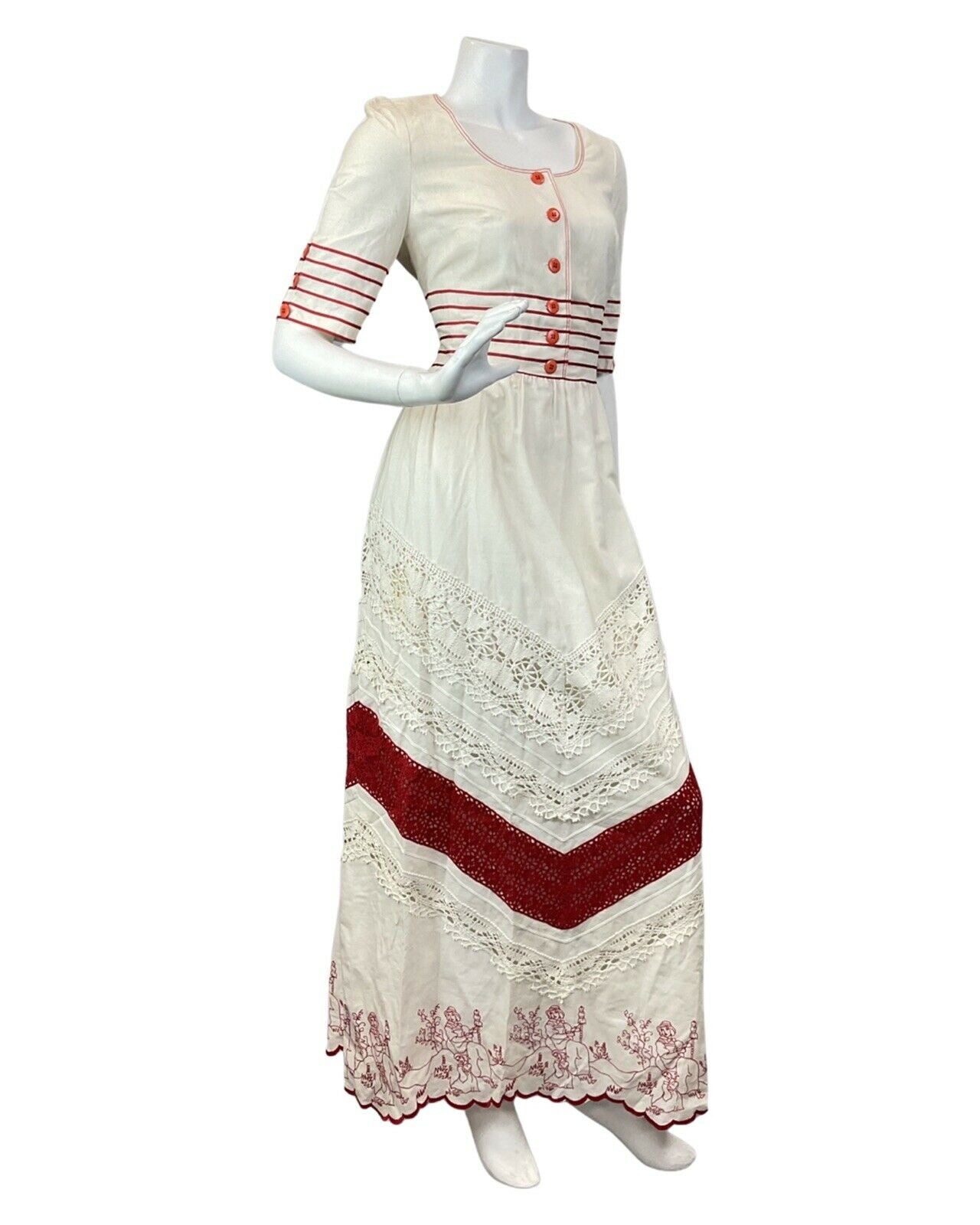 VINTAGE 60s 70s CREAM RED EMBROIDERED LACE STRIPED BOHO FOLK MAXI DRESS 10