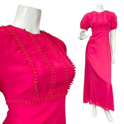 VINTAGE 60s 70s FUCHSIA PINK POM-POM MOD PUFF SLEEVE MAXI DRESS 12