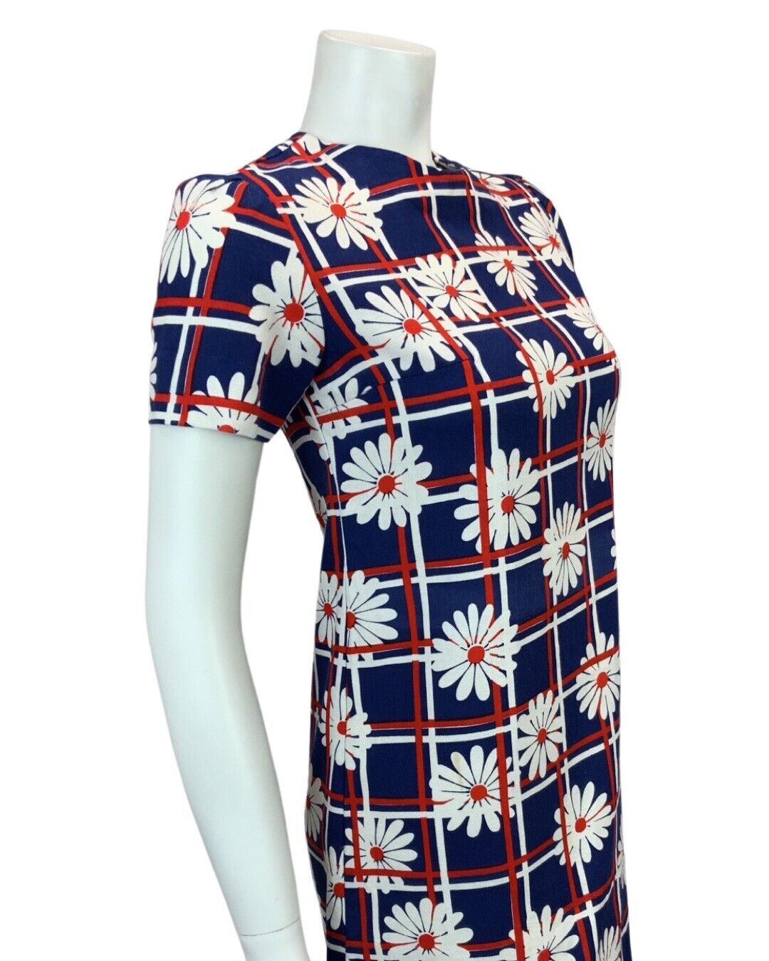 VINTAGE 60s 70s NAVY BLUE RED WHITE DAISY PRINT MINI MOD DRESS 6 8