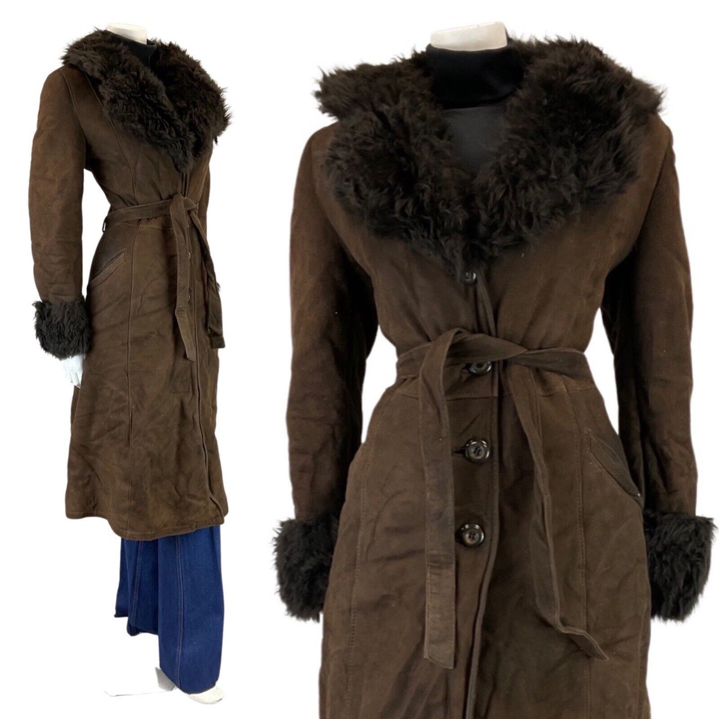 VINTAGE 60s 70s DARK BROWN BOHO MOD BELTED SUEDE PRINCESS SHEARLING COAT 12 14