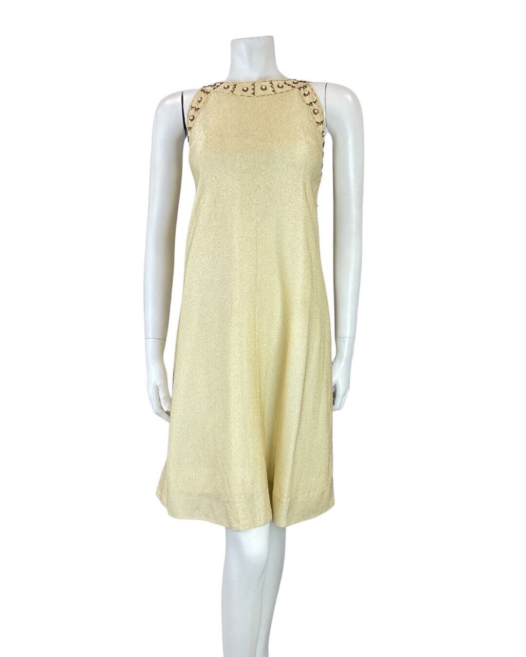 VINTAGE 60s 70s GOLD BEADED MOD DISCO STUDIO 54 PARTY SLEEVELESS SHIFT DRESS 10