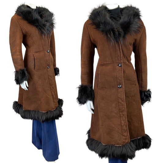 VINTAGE 60s 70s CHOCOLATE BROWN SUEDE SHEARLING COLLAR PRINCESS COAT 12 14