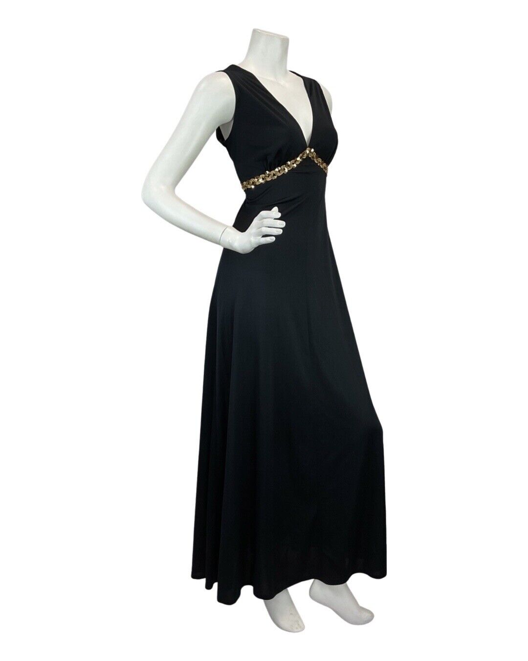 VINTAGE 60s 70s BLACK GOLD SEQUIN GLAM SLEEVELESS EVENING GOWN MAXI DRESS 10