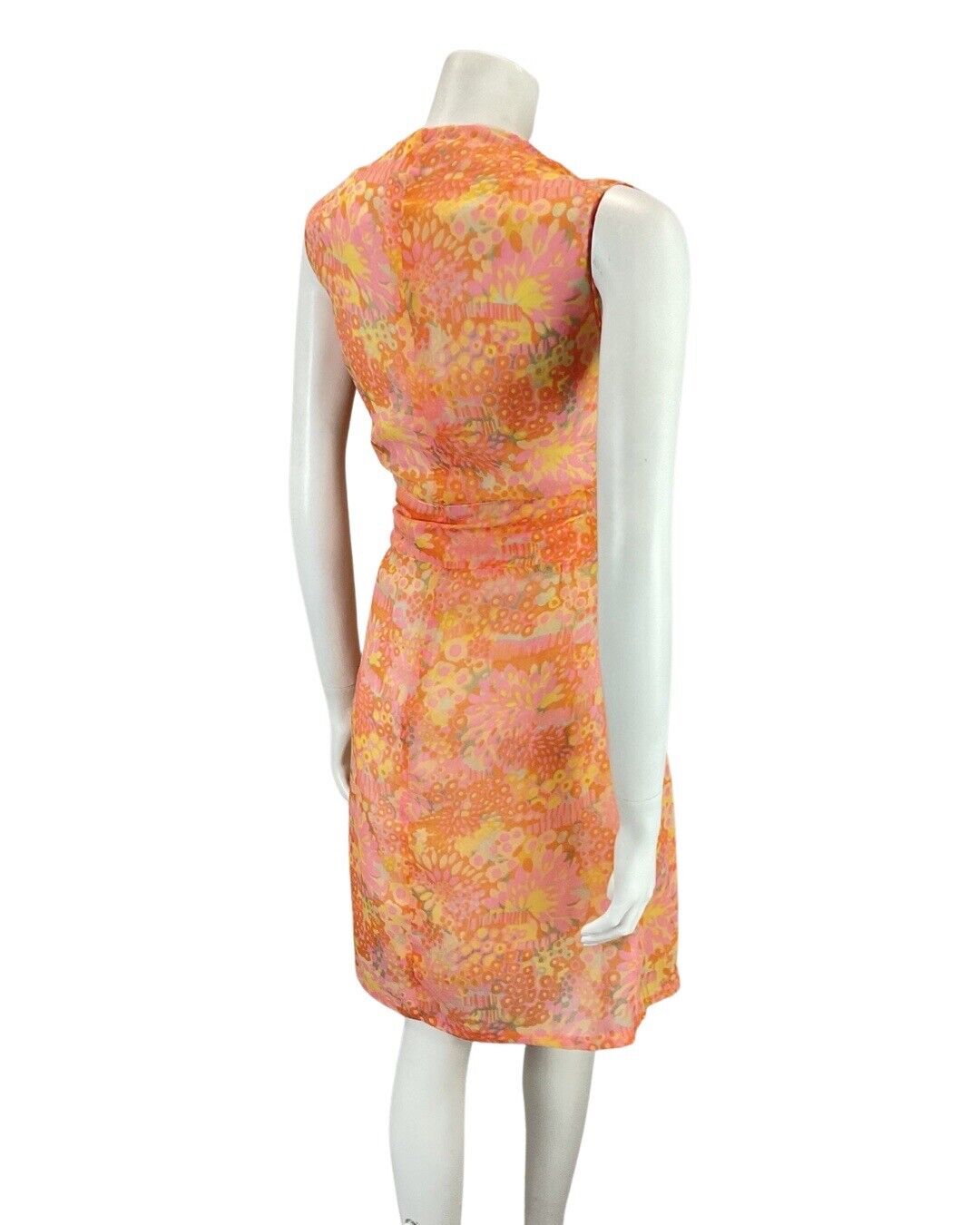 VTG 60s 70s ORANGE PINK YELLOW PSYCHEDELIC FLORAL SLEEVELESS DRESS BED COAT 12