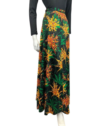 VINTAGE 60s 70s BLACK YELLOW GREEN FLORAL FERN LEAF MOD MAXI SKIRT 8