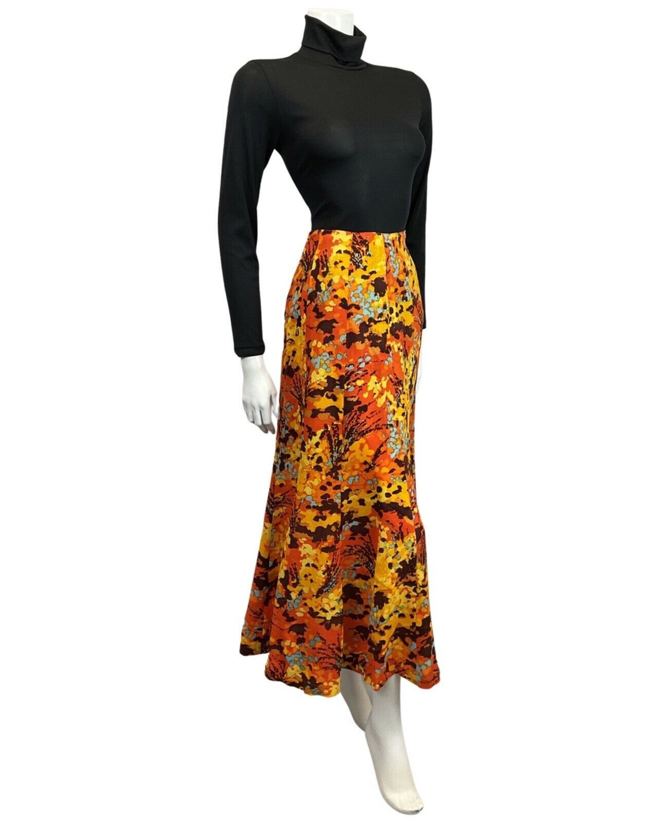 VINTAGE 70s ORANGE YELLOW BROWN PSYCHEDELIC FLORAL FLARED MAXI SKIRT 6