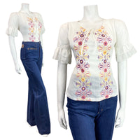 VTG 60s 70s WHITE PINK YELLOW FLORAL EMBROIDERED BOHO PRAIRIE BLOUSE TOP 12 14