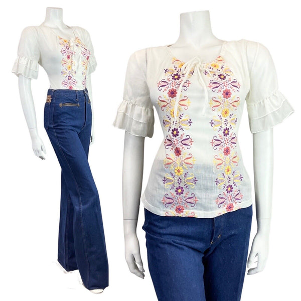 VTG 60s 70s WHITE PINK YELLOW FLORAL EMBROIDERED BOHO PRAIRIE BLOUSE TOP 12 14