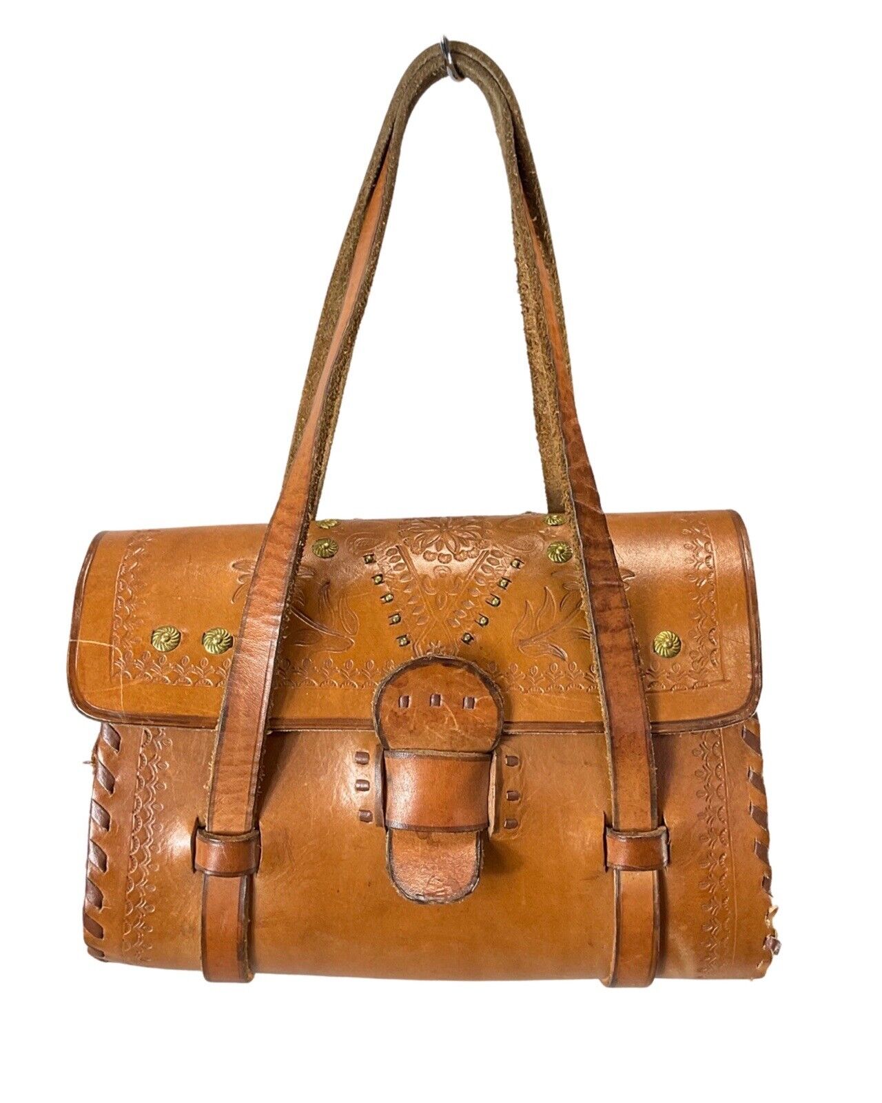 VINTAGE 70s TAN BROWN FLORAL STAMPED LEATHER METALWORK BOHO FOLK BOWLING BAG