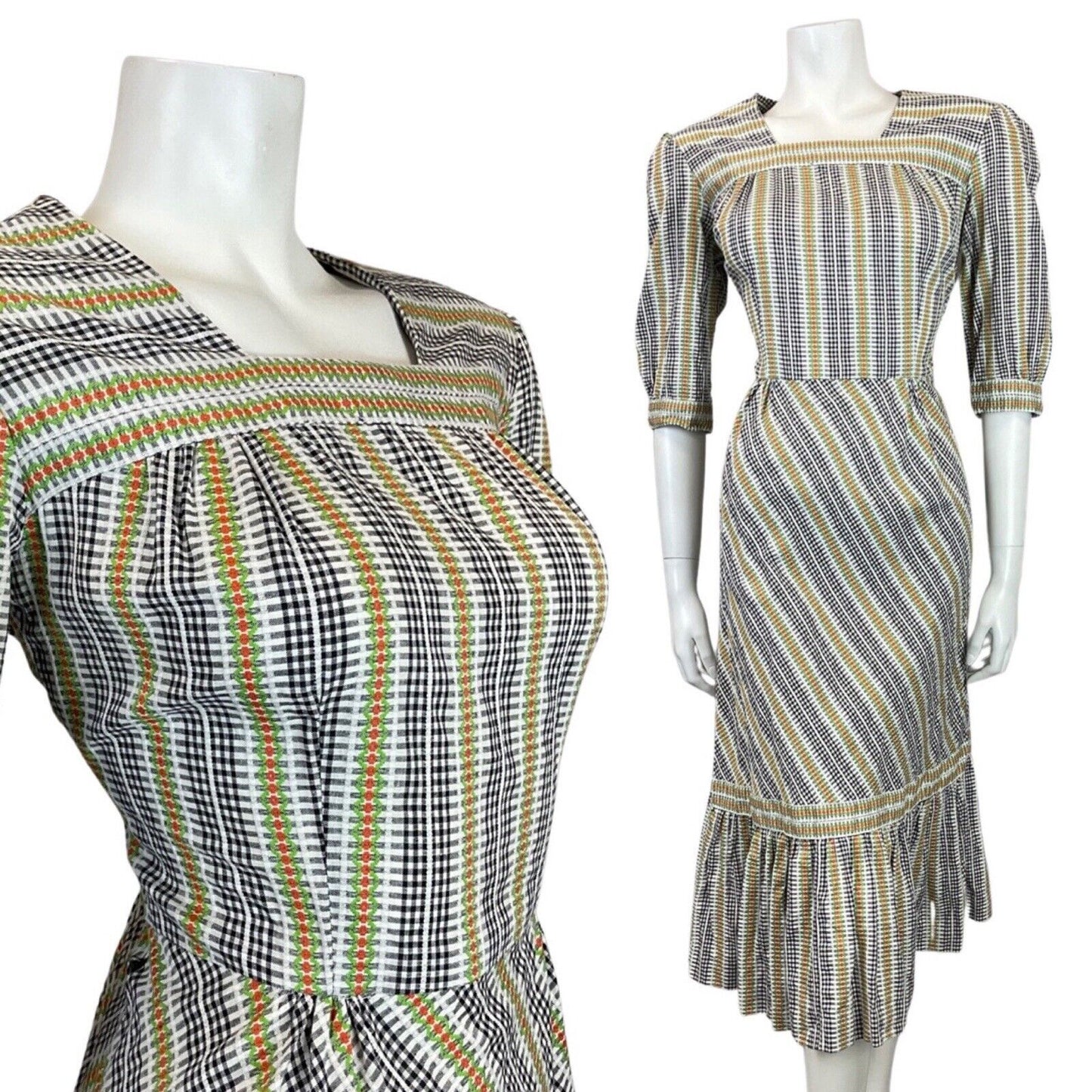 VINTAGE 70s WHITE BLACK GREEN GINGHAM CHECKED PRAIRIE BOHO MIDI DRESS 10 12